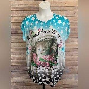 "SMART LOVELY CAT" BLOUSE = SIZE FITS 1X/2X
